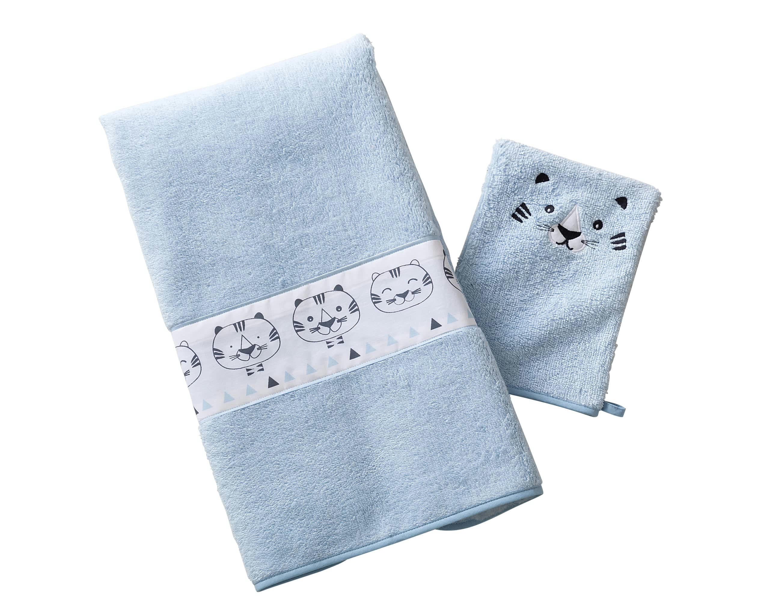 RENATO - Lot serviette de bain enfant et gant de toilette bleu 50x90 en coton