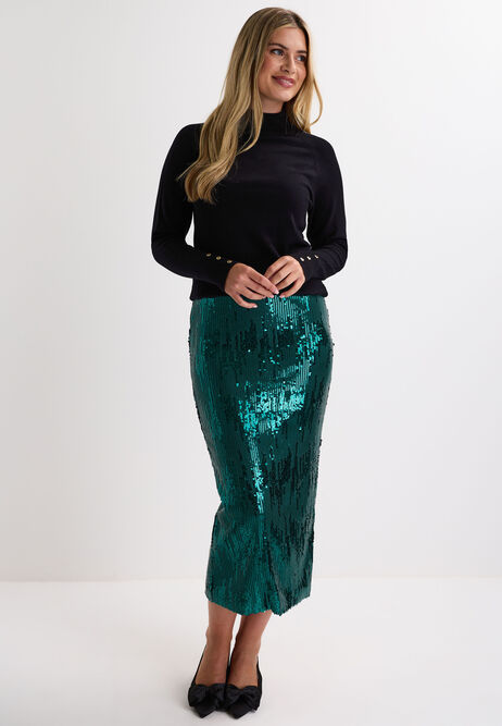 Womens Green Sequin Midi Skirt