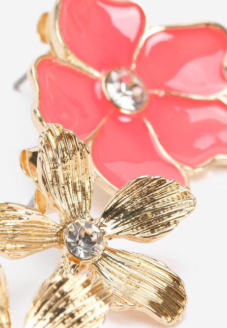 Womens 3pk Gold & Coral Flower Stud Earrings