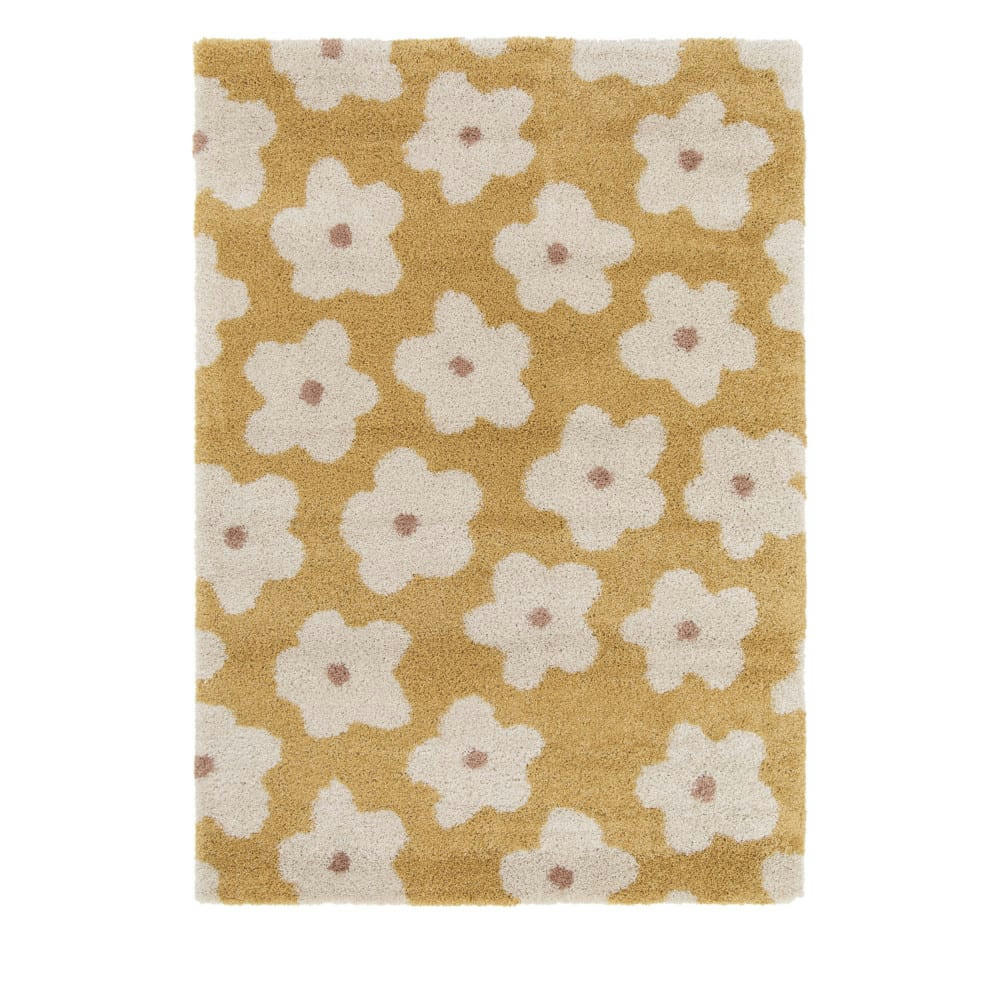FLORA II - Tapis contemporain à motif floral jaune moutarde 160x230 cm
