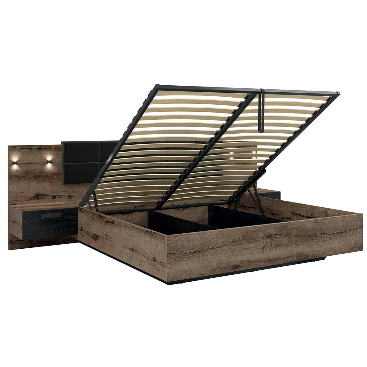 - Lit coffre 180x200 sommier chevet led et prise usb inclus naturel