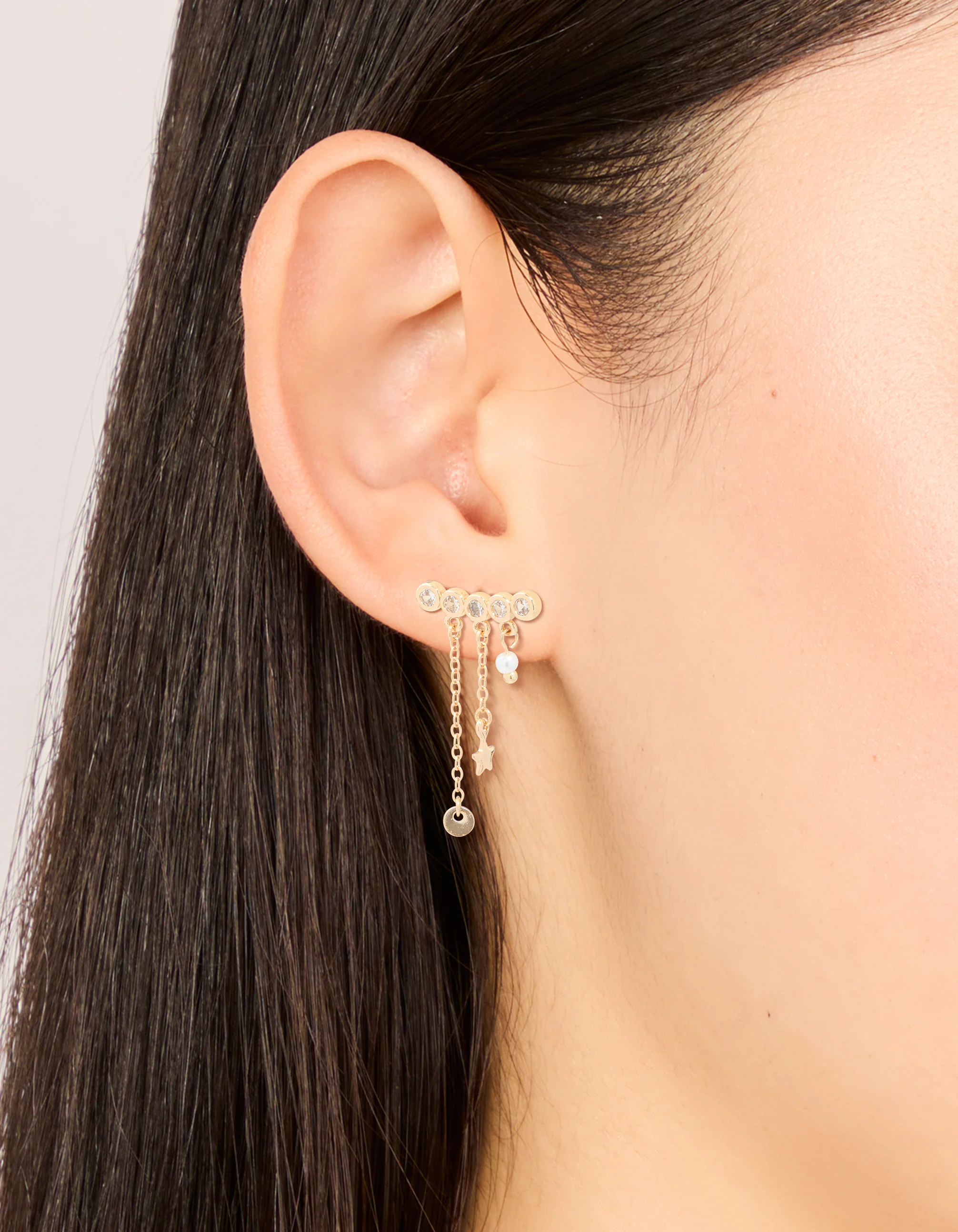 Gold Cubic Zirconia Long Stud Pearl & Star Charm Earrings
