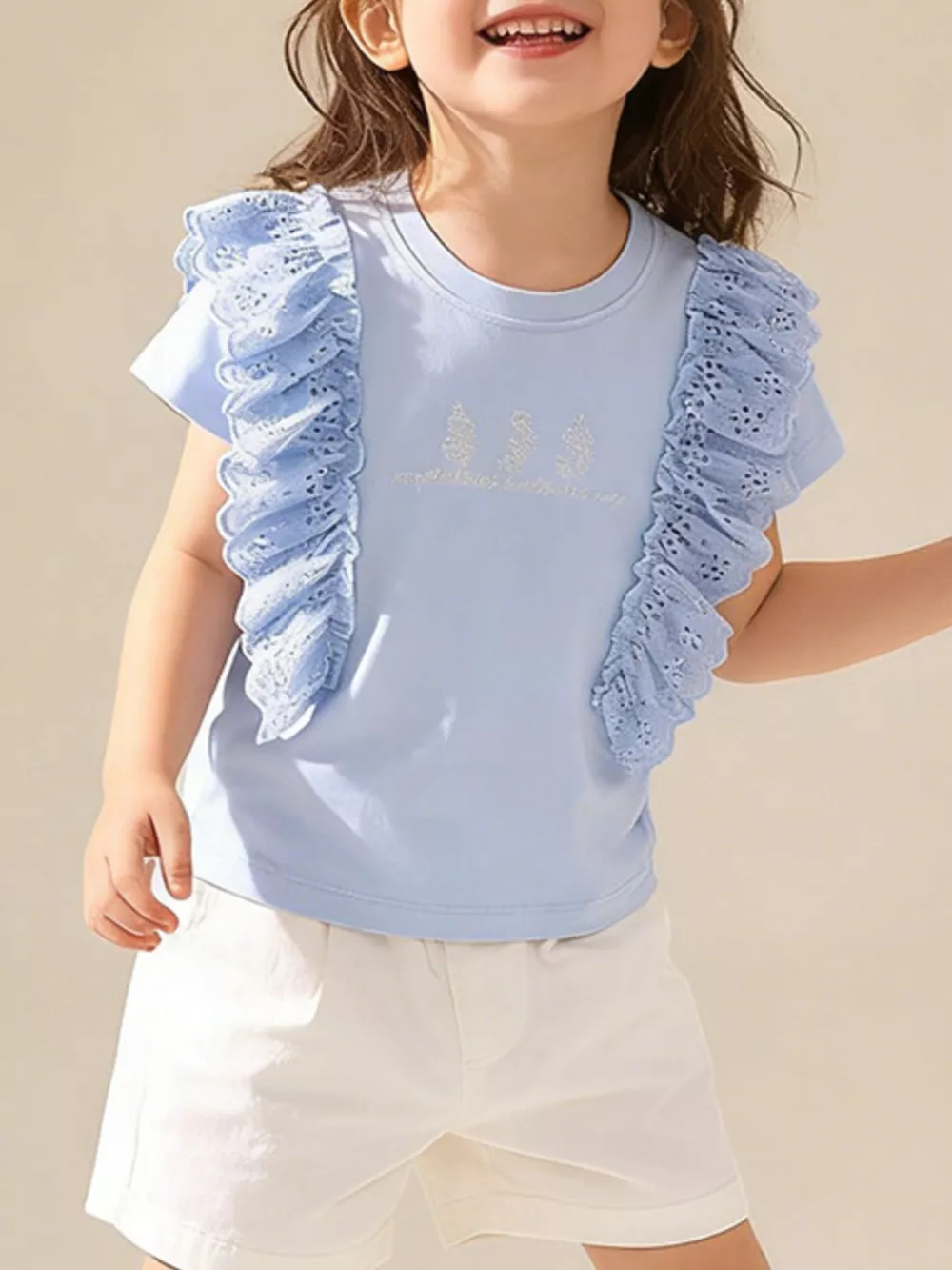Children's Ruffled Round Neck Short Sleeve T-Shirt