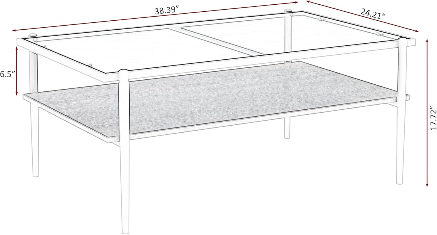 Casaphoria Rectangle Coffee Table with Gray Tempered Glass Top, Modern 2-Tier Center Cocktail Table with White Metal Legs and Wood MDF Storage Shelf for Living Room Apartment, 38 Inch, 220 LBS
