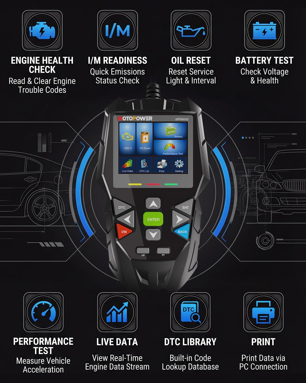 MOTOPOWER 4 in 1 Code Reader Car Diagnostic Scan Tool Oil Maintenance Reset, Battery Test, Performance Test with Lifetime Update