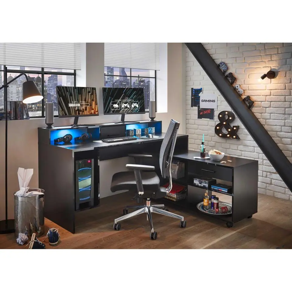 Gaming bureau Tudi incl. verlichting - zwart