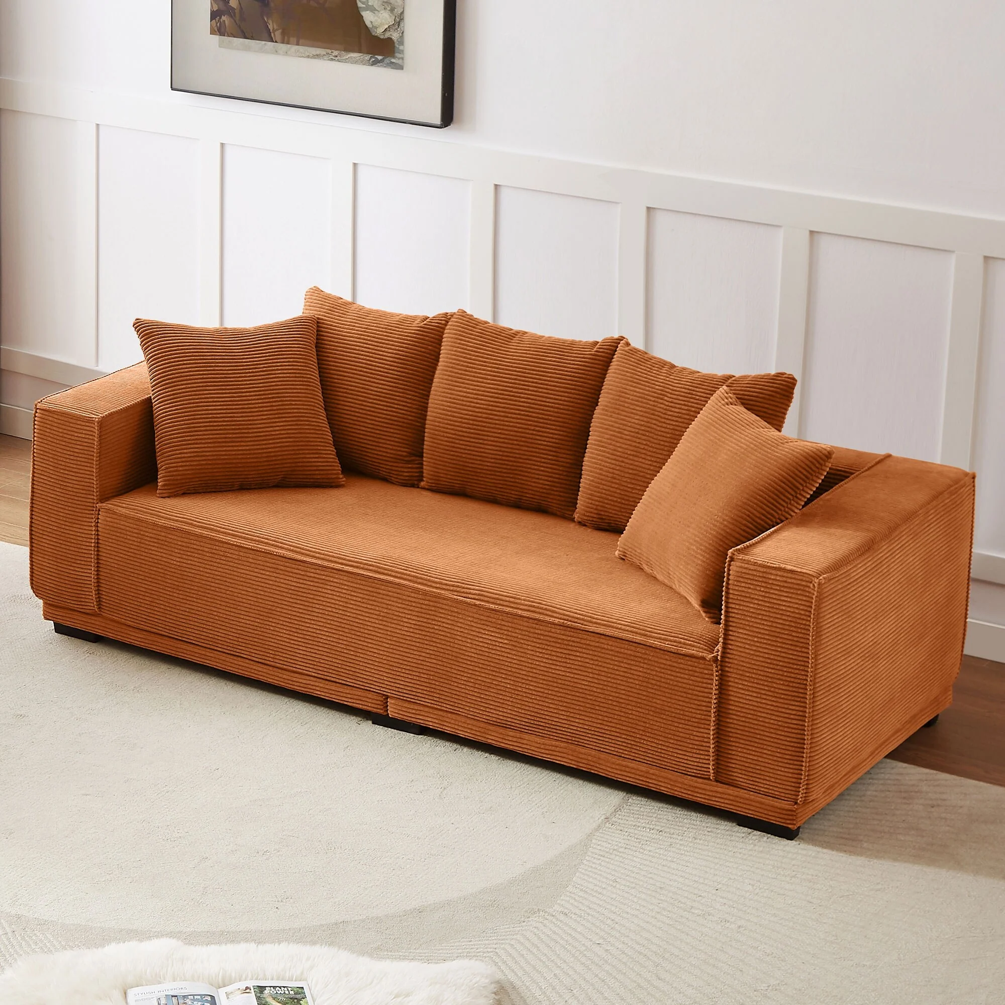 Orange 88.97'' Corduroy Sofa with Five Toss Pillows, Strong Bottom Frame, and Comfortable Design