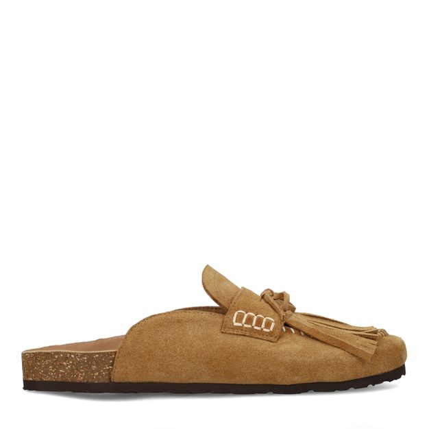 Beige suède clogs met franjes