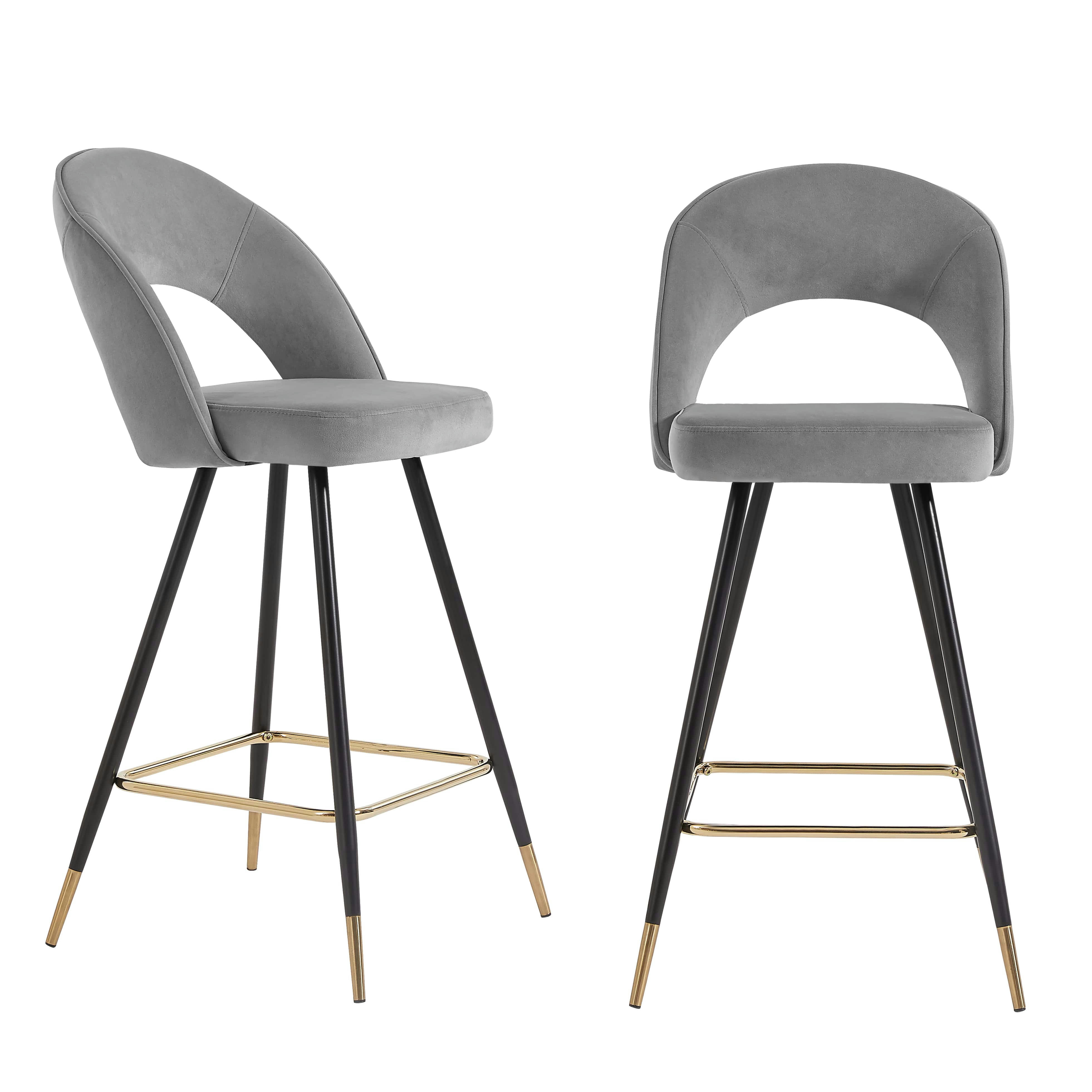 BASILE - Lot de 2 tabourets de bar en velours gris pieds noir et doré