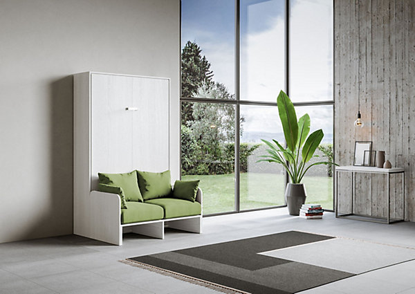 Lit double escamotable français Kentaro 140 cm avec canapé en frêne blanc, vert