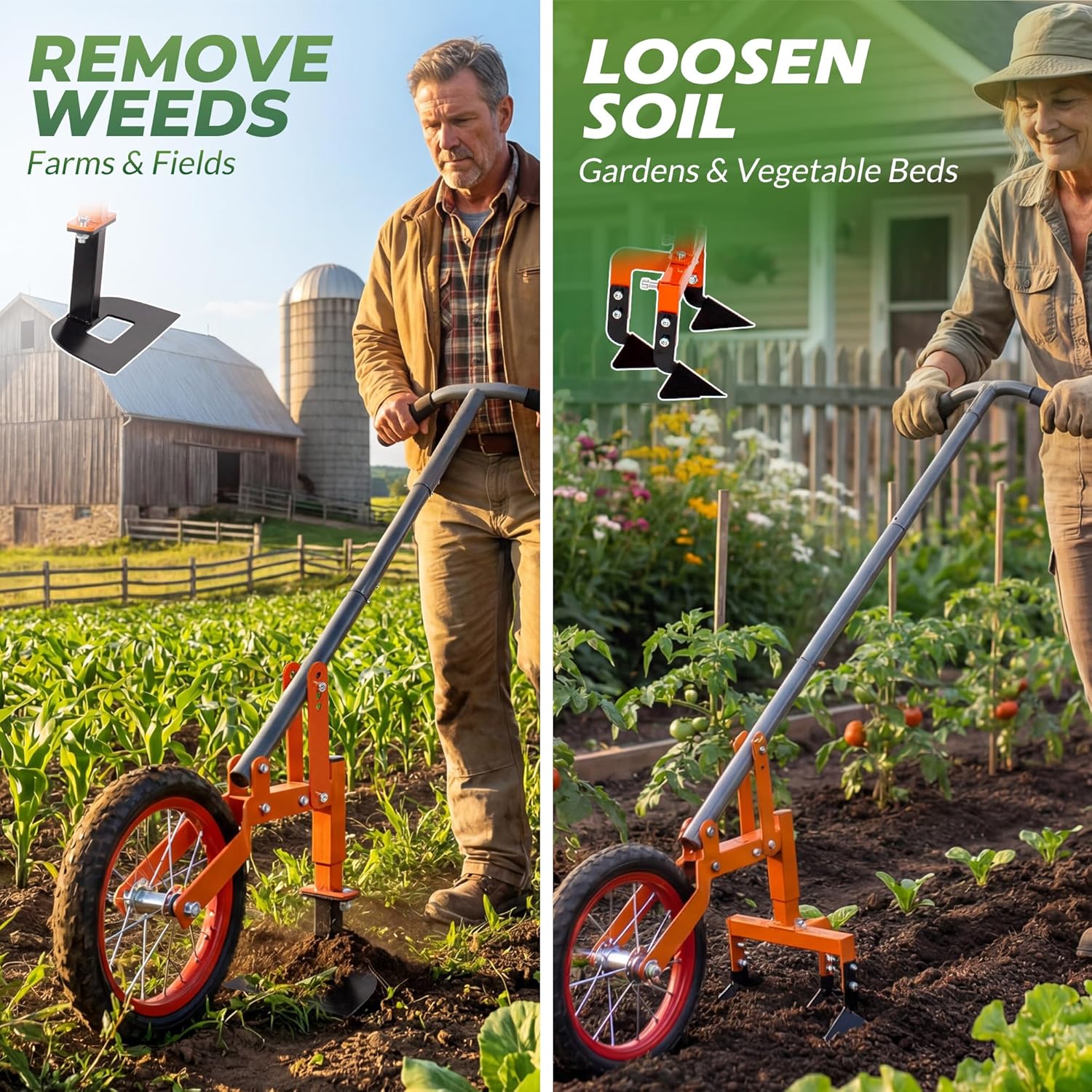 Walensee 2-in-1 Manual Wheel Hoe Garden Cultivator, Push Plow with Adjustable Long Handle 51.9–64.9 in, Dual Tools for Soil Loosening & Weeding, Heavy Duty Steel Frame, Lawn & Garden Tiller