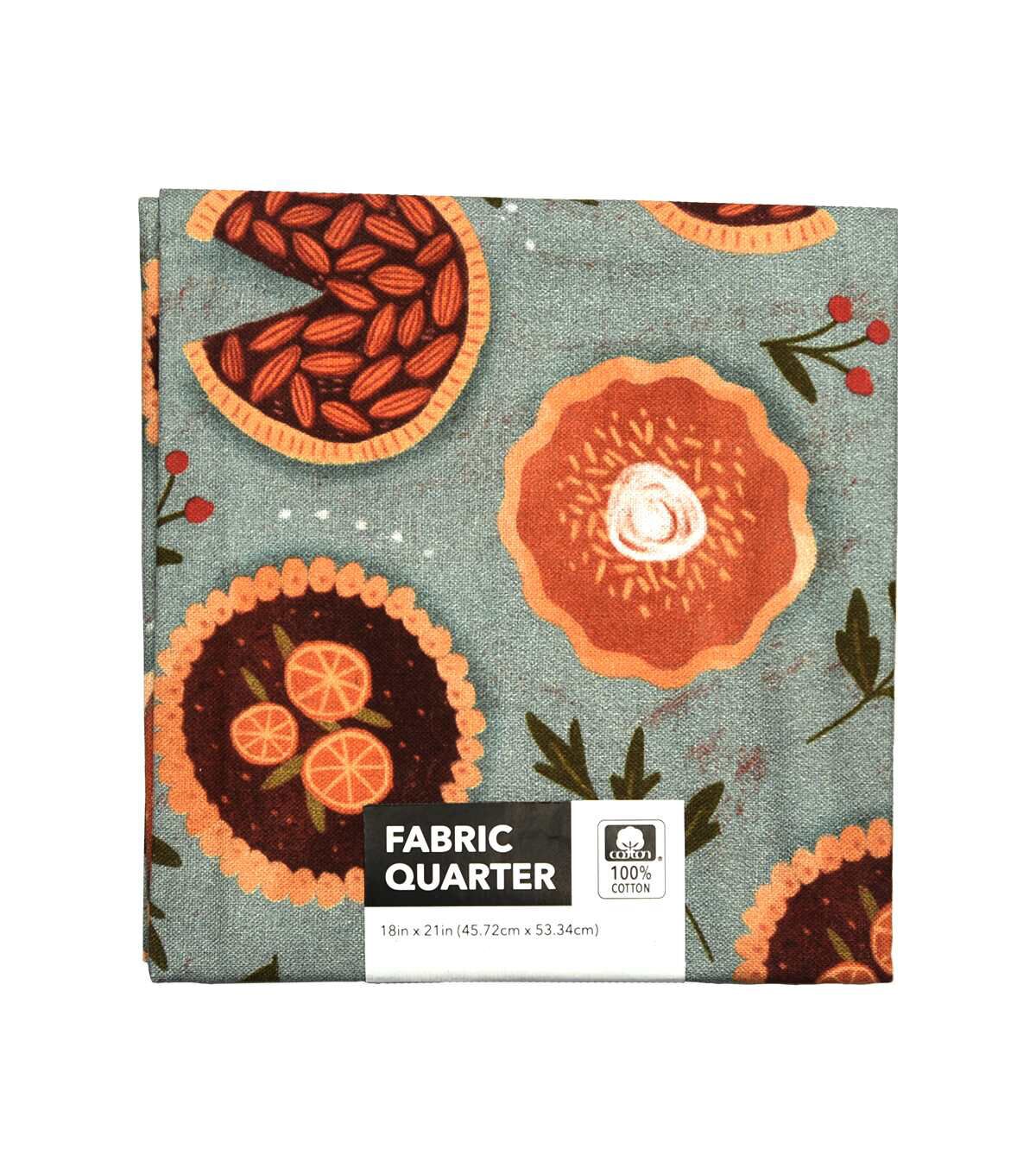 18 x 21 Pumpkin Pies On Teal Cotton Fabric Quarter 1pc