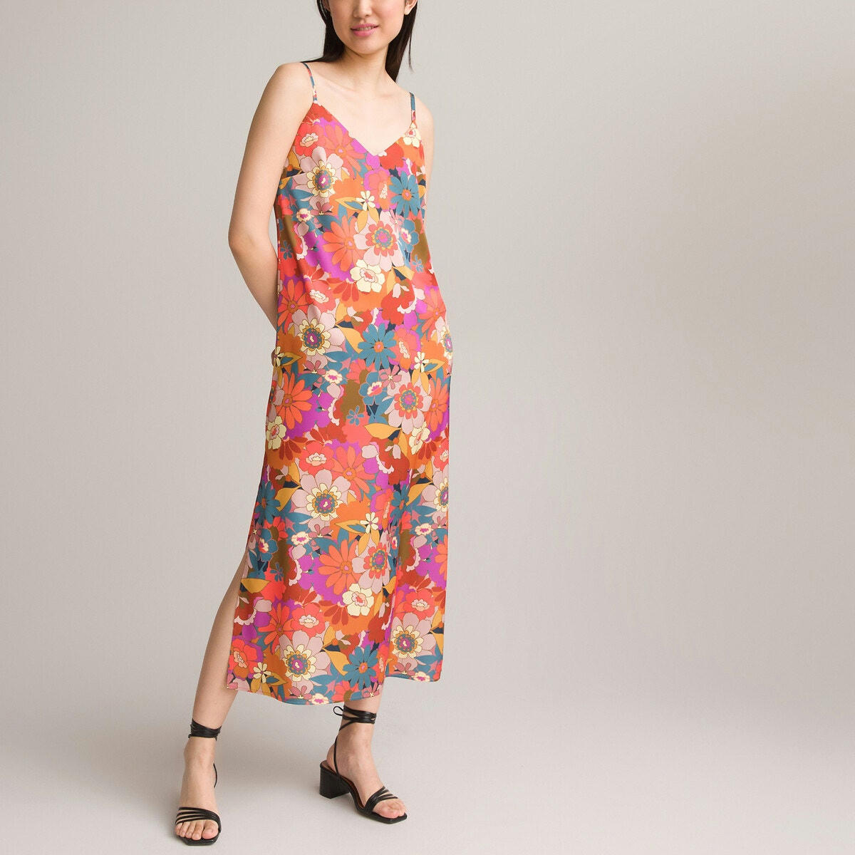 Robe longue fines bretelles, imprimé floral,