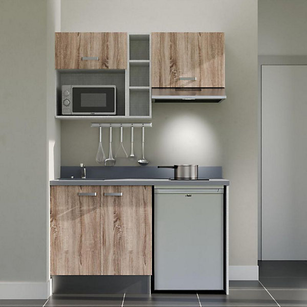 Kitchenette K13 - 140 cm - façades Bois - Plan monobloc en quartz coloris Cromo évier à gauche - Electroménager Inox