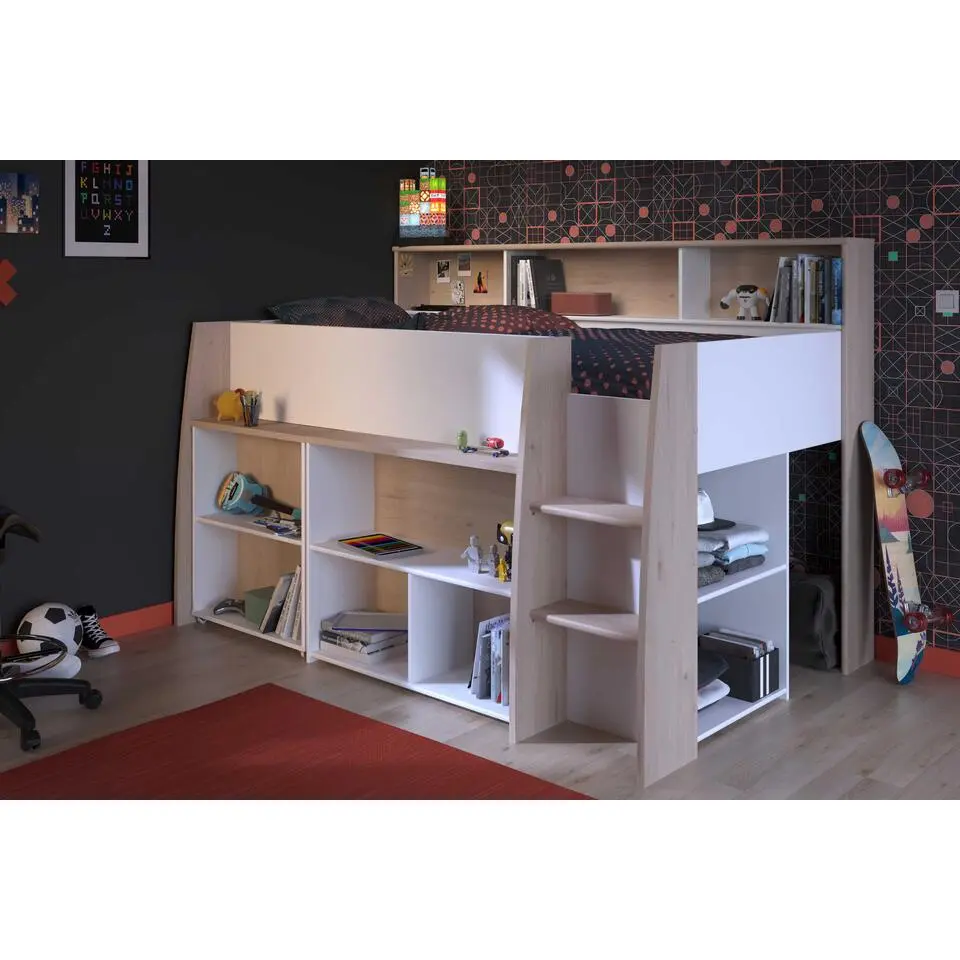 Halfhoogslaper Duffy 90x200cm met bureau - wit / eikdecor