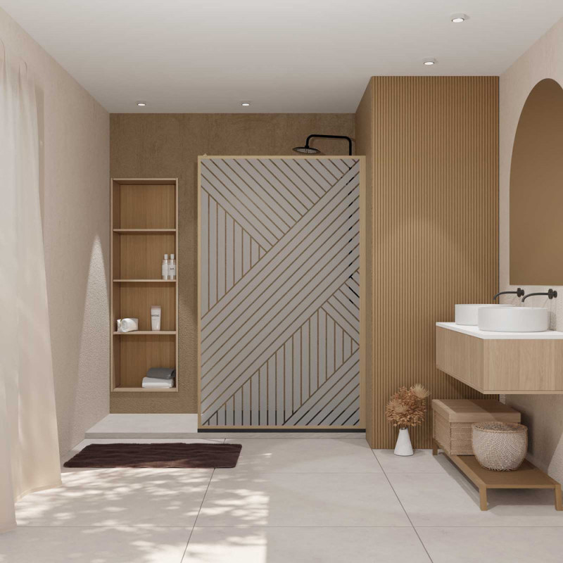 Paroi de douche Japandi sérigraphie géométrique bois 120 x 200 cm AURLANE