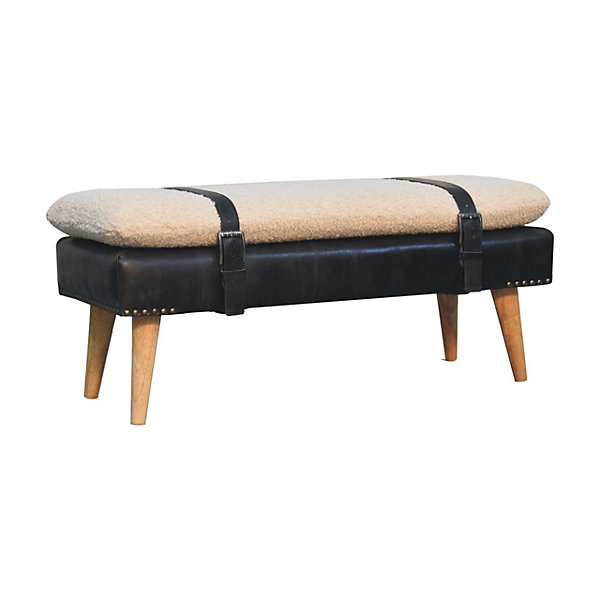 Artisan Furniture Bois massif bouclé peau de buffle noir cuir banc, rembourré, noir &crème