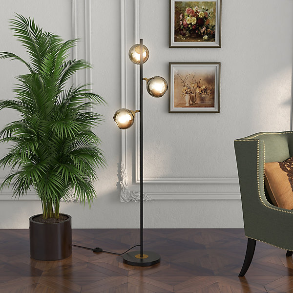 Lampadaire globe design néo-rétro 3 ampoules orientables max. 40 W H. 162 cm métal noir doré verre gris