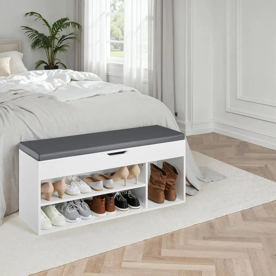 tectake Schoenenkast Natalya met zitkussen 104x30x49cm, Wit