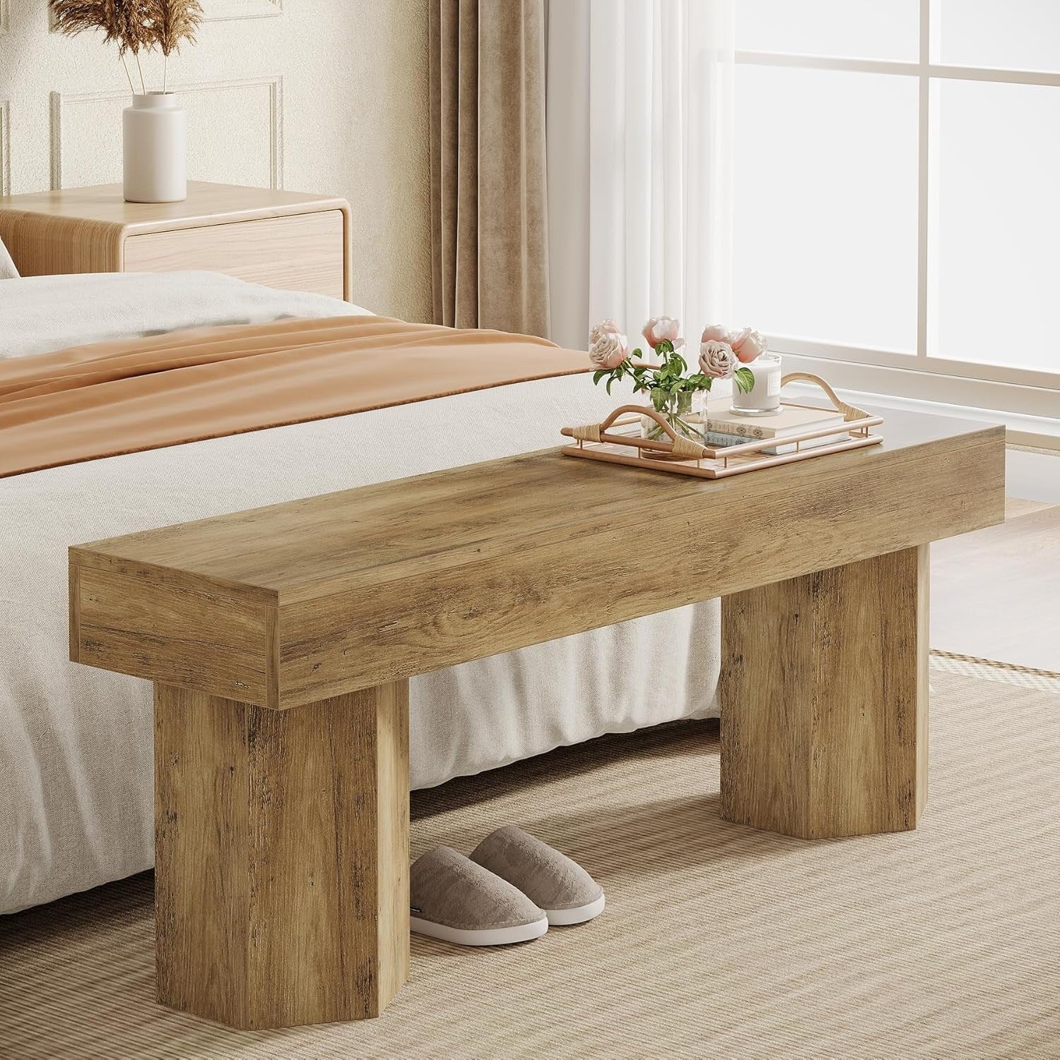 41 Farmhouse Wooden End of Bed Bench, Long Dining Seat for Bedroom, Entryway, Dining Room - 41.43 W x 11.81 D x 17.72 H