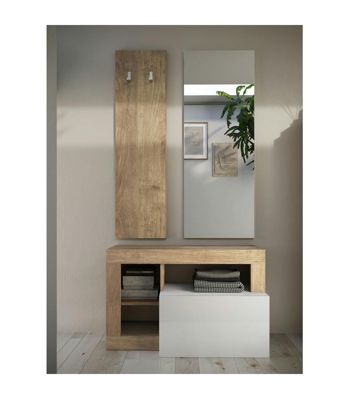 HAMBURG - Set 3 pièces - Meuble, porte manteau mural et miroir - H165 cm