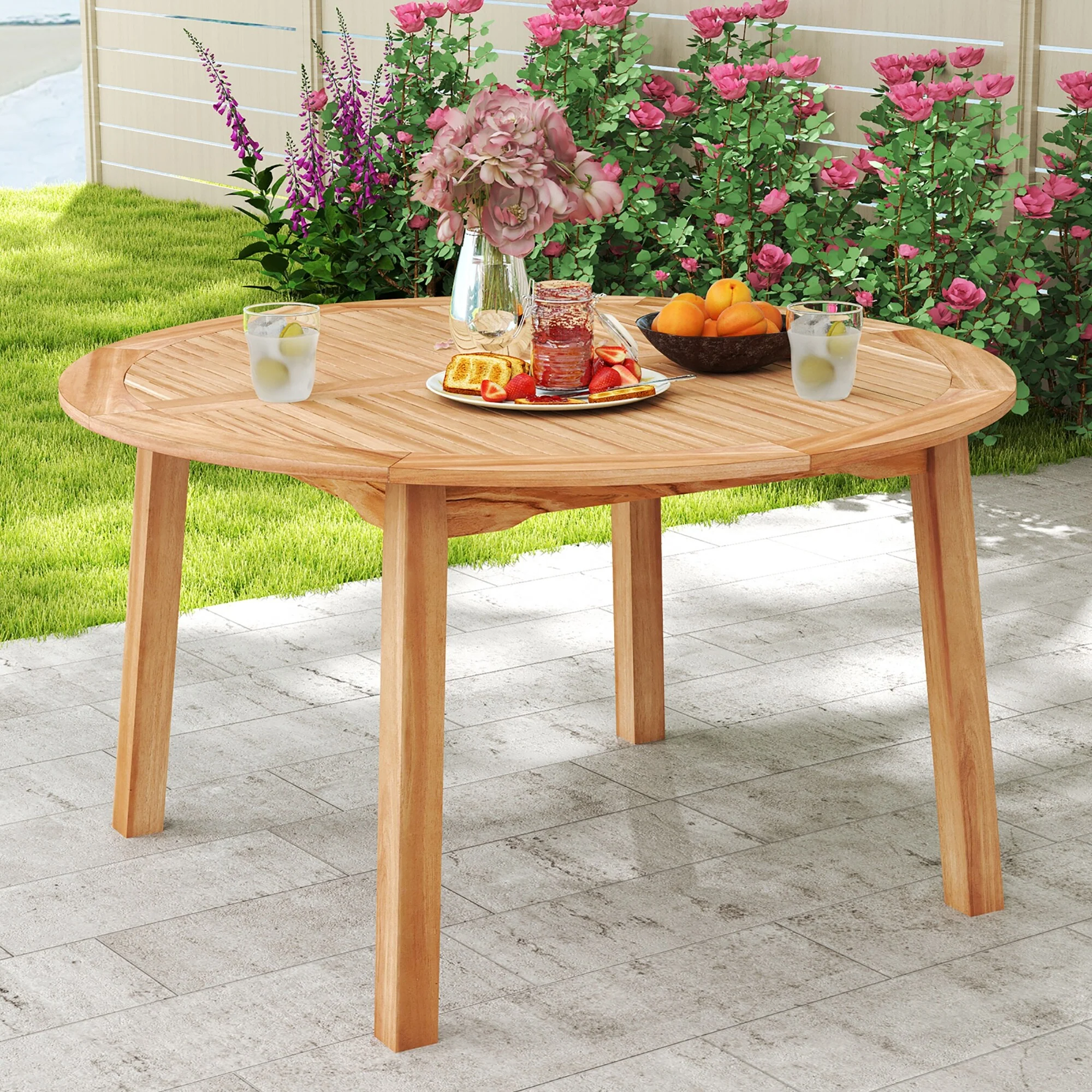 Gymax Round Patio Dining Table Acacia Wood Outdoor Dining Table w/ 2''