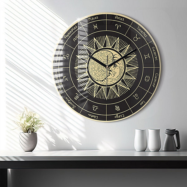 Horloge murale Wallfluent fi60 cm Aiguilles noires Zodiaque et Soleil 1 pcs