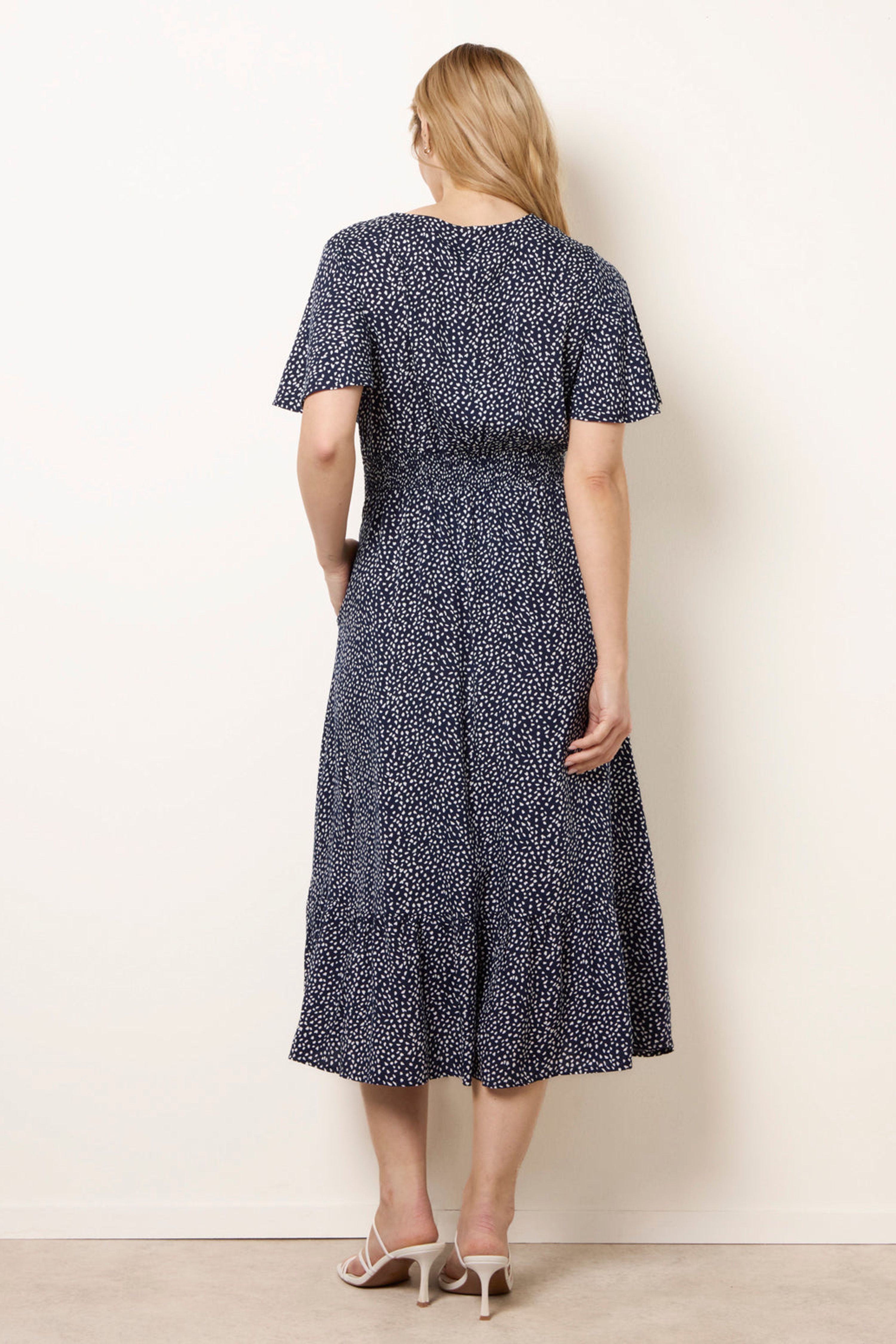 Blue Vanilla Navy Angel Sleeve Shirred Waist Tier Hem Midi Dress
