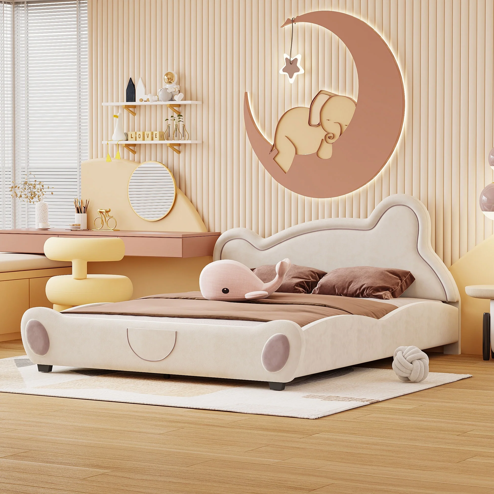 Cute Bear-Shaped Queen Platform Bed with Storage - Beige/Gray Velvet, No Box Spring Needed