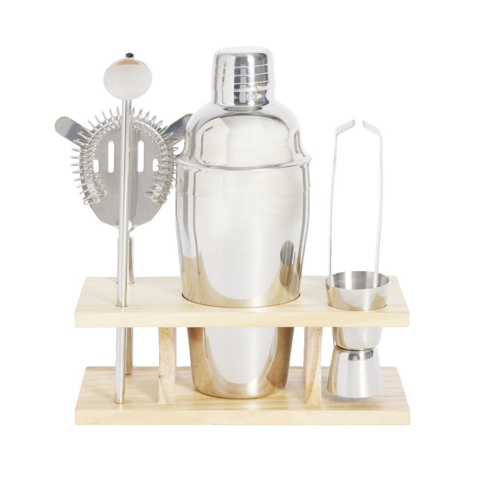 Set à cocktail acier avec support bois 6 pièces