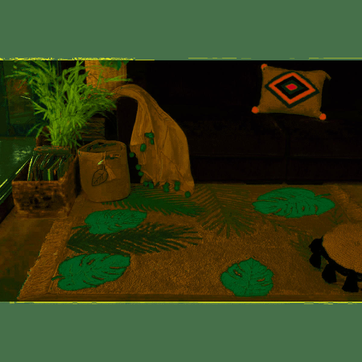 TROPIQUE - Tapis coton motif tropique feuilles vert 140x200