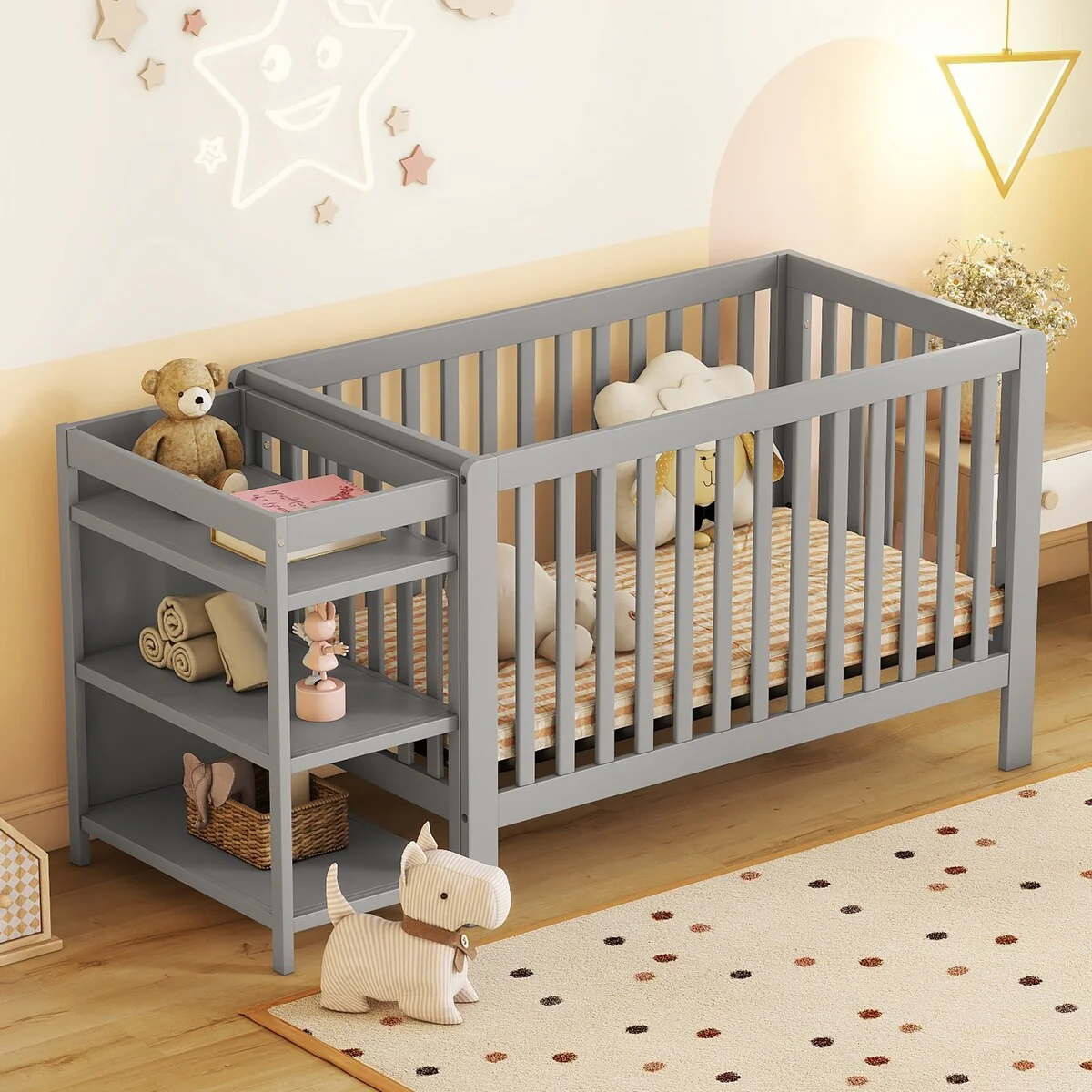 New Style Convertible Crib / Full Size Platform Bed with Changing Table, Storage Bed with Shelves, Wooden Crib