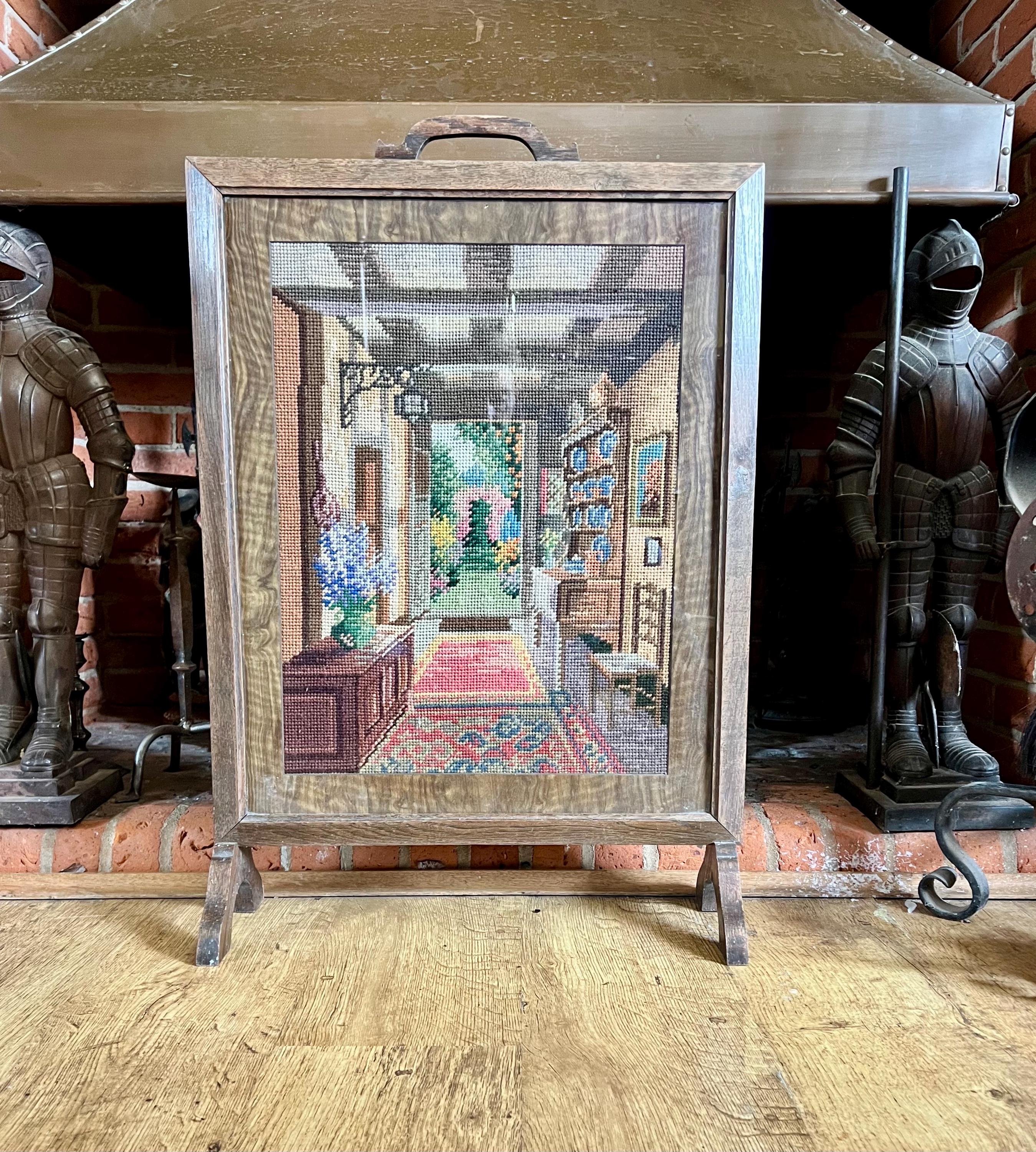Art Deco Oak Framed Tapestry Fire Screen