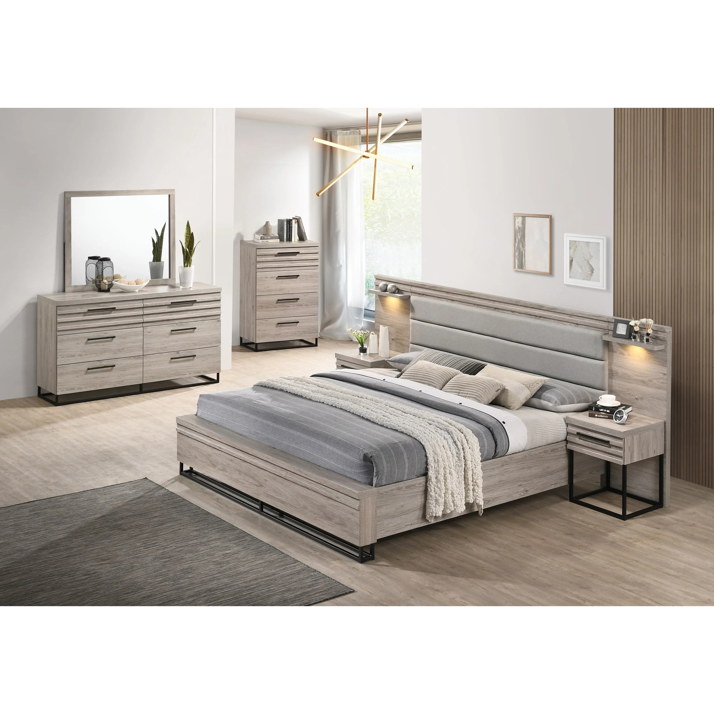 Roundhill Furniture Alvear Wallbed Bed with White LED Lights, Dresser, Mirror, Chest, and 2 Nightstands, Weathered Gray