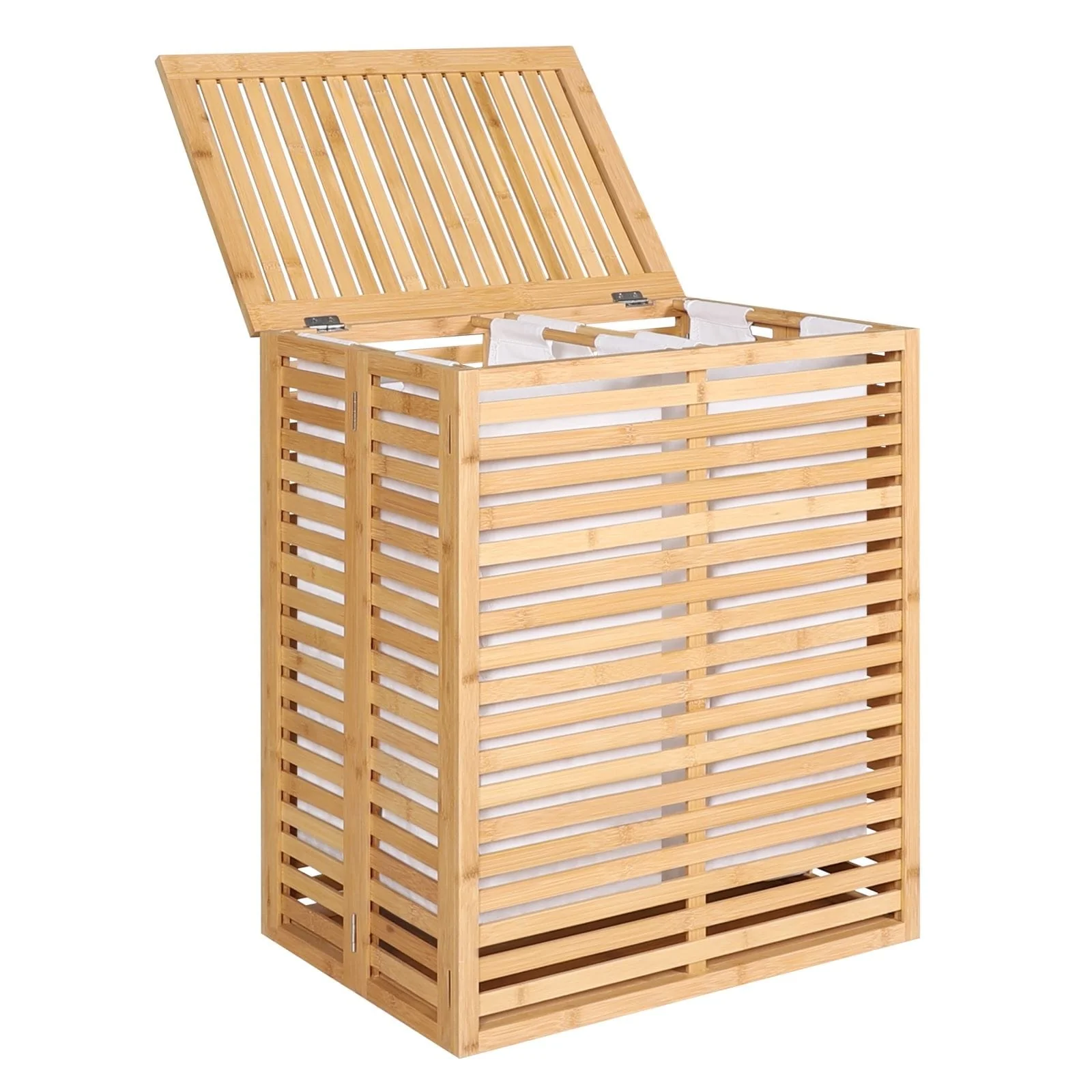 VEIKOUS Bamboo Divided Hamper Laundry Basket with Lid and Removable Liner Bags, 2 Section - 22''W x 25.3''H x 14''D