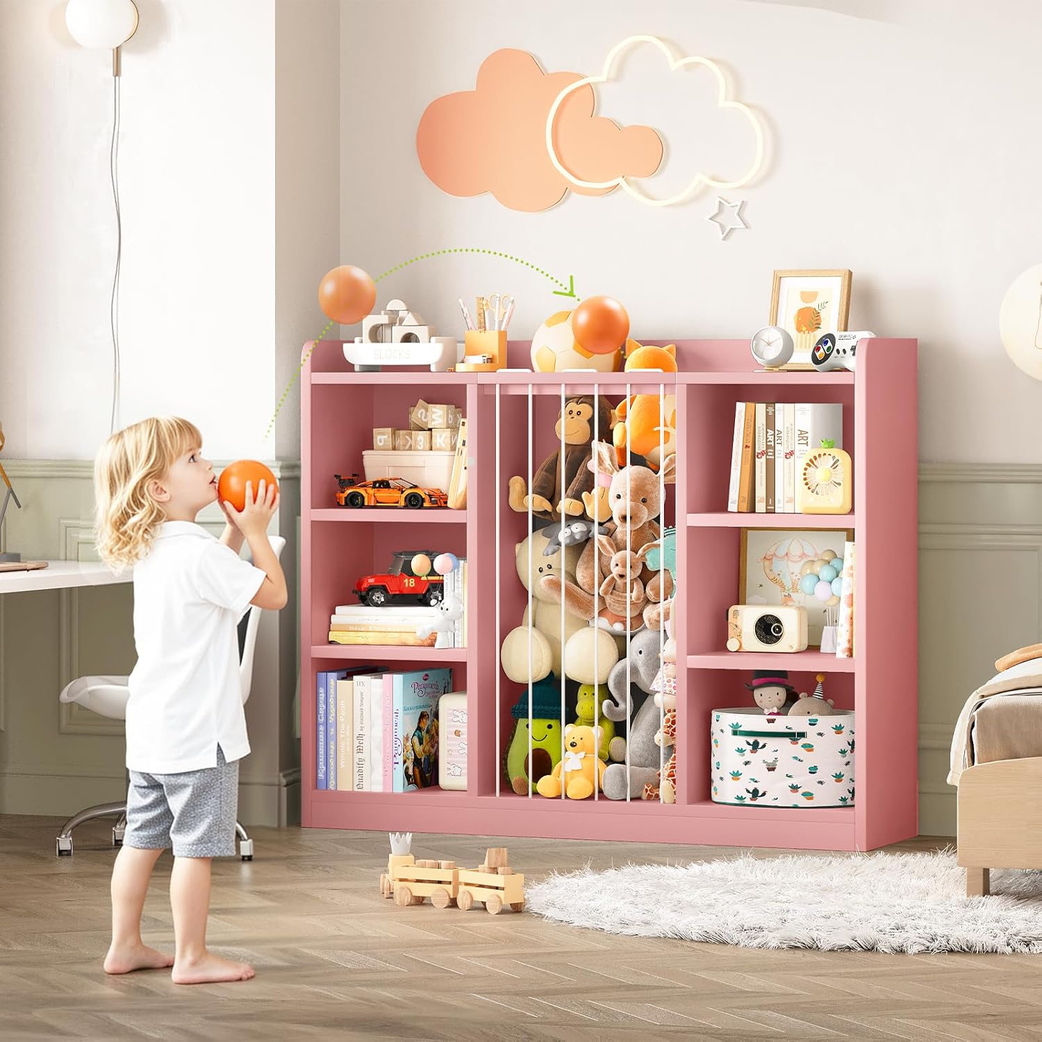 Toddler Stuffed Animal Zoo, Toy Storage Organizer for Playroom, Plush Toy Organizers and Storage, Book Shelf for Kids Rooms, Elastic Band Child Bookcase, Toy Shelf with 8 Storage Cubbies (Pink)