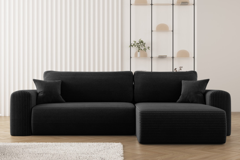 Sofa w kształcie L CAPRI narożnik, tkanina Poso, Czarny Prawostronny