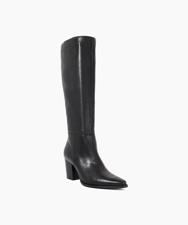 Tenna Black - Leather Block Heel Knee High Boots