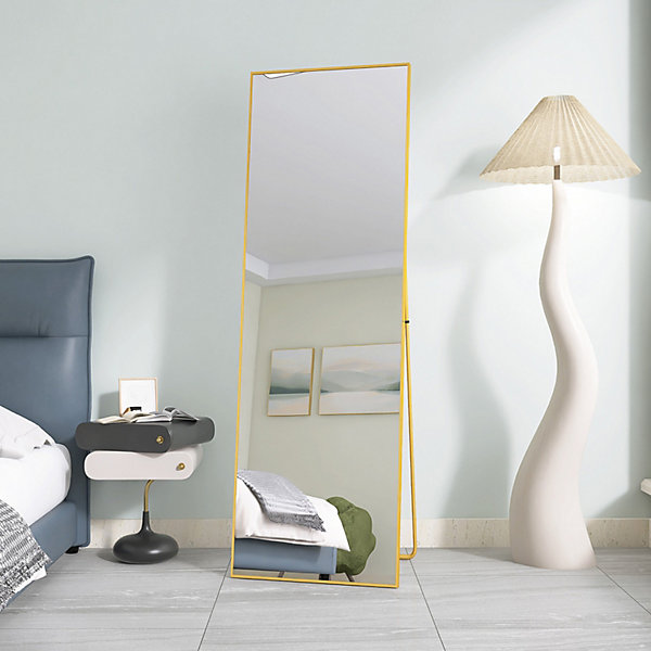 Miroir sur Pied 150x40 cm, Cadre Aluminium Doré, Miroir Mural Moderne à Poser ou Suspendre