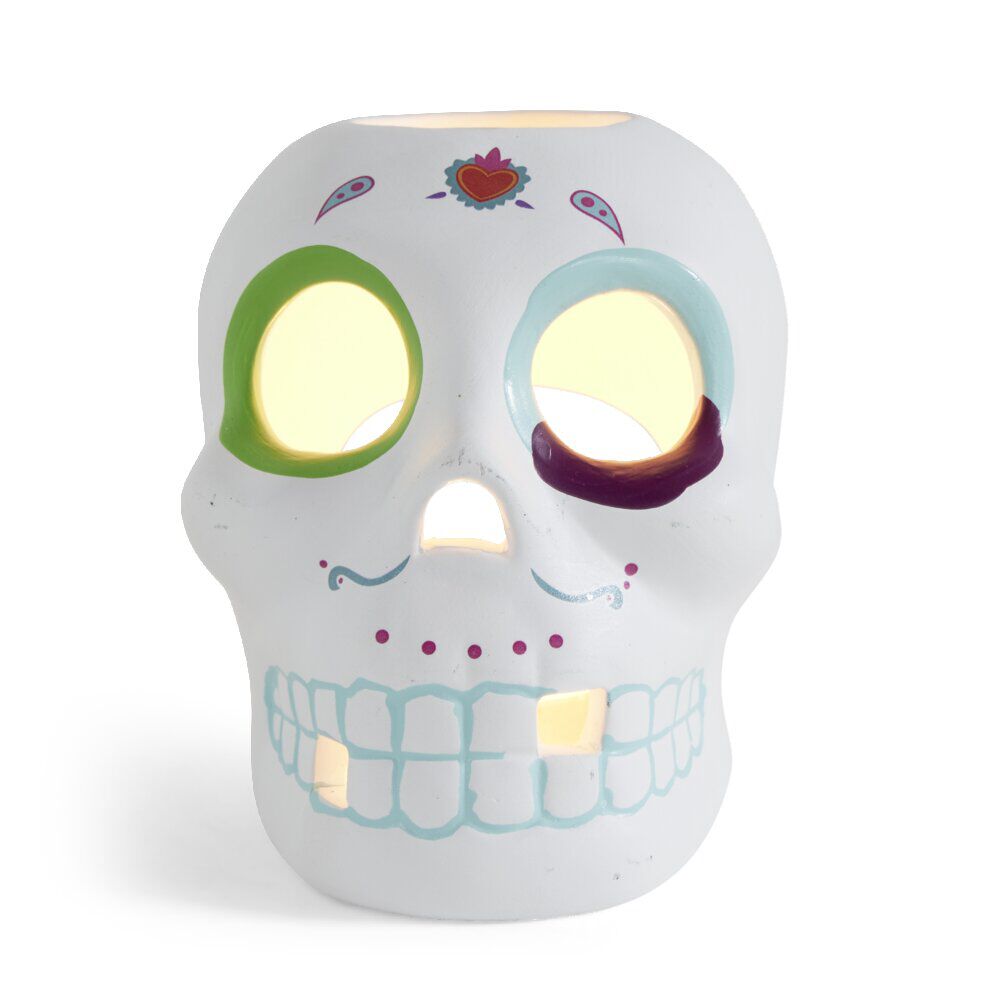 Crâne décoration Halloween en dolomite style mexicain 7x8xH10cm