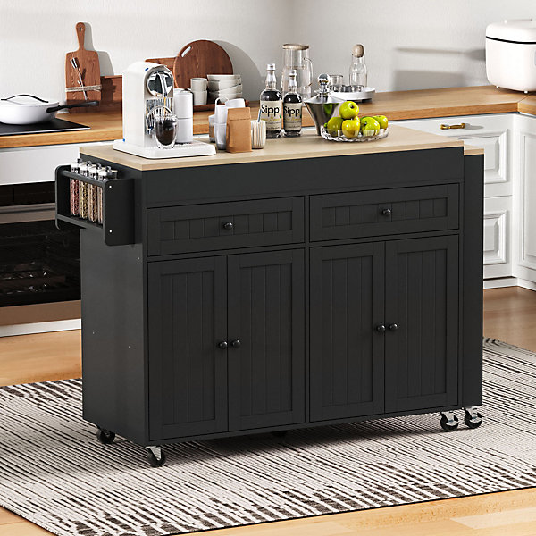 Îlot de Cuisine avec Roulettes, Tiroirs, Plan de Travail et Espace Repas Extensible, Rangement, 112-180,5x45x92,2 cm - MDF Noir
