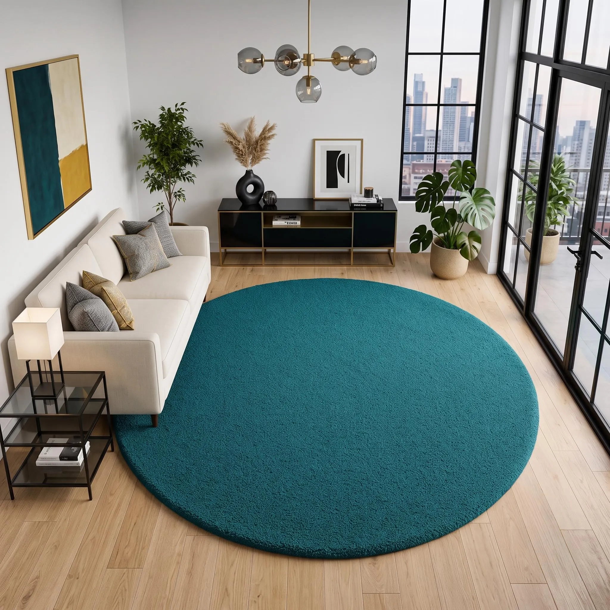 Hand Tufted Wool Round Rug, Modern Teal Blue Carpet, Minimalist Floor Decor