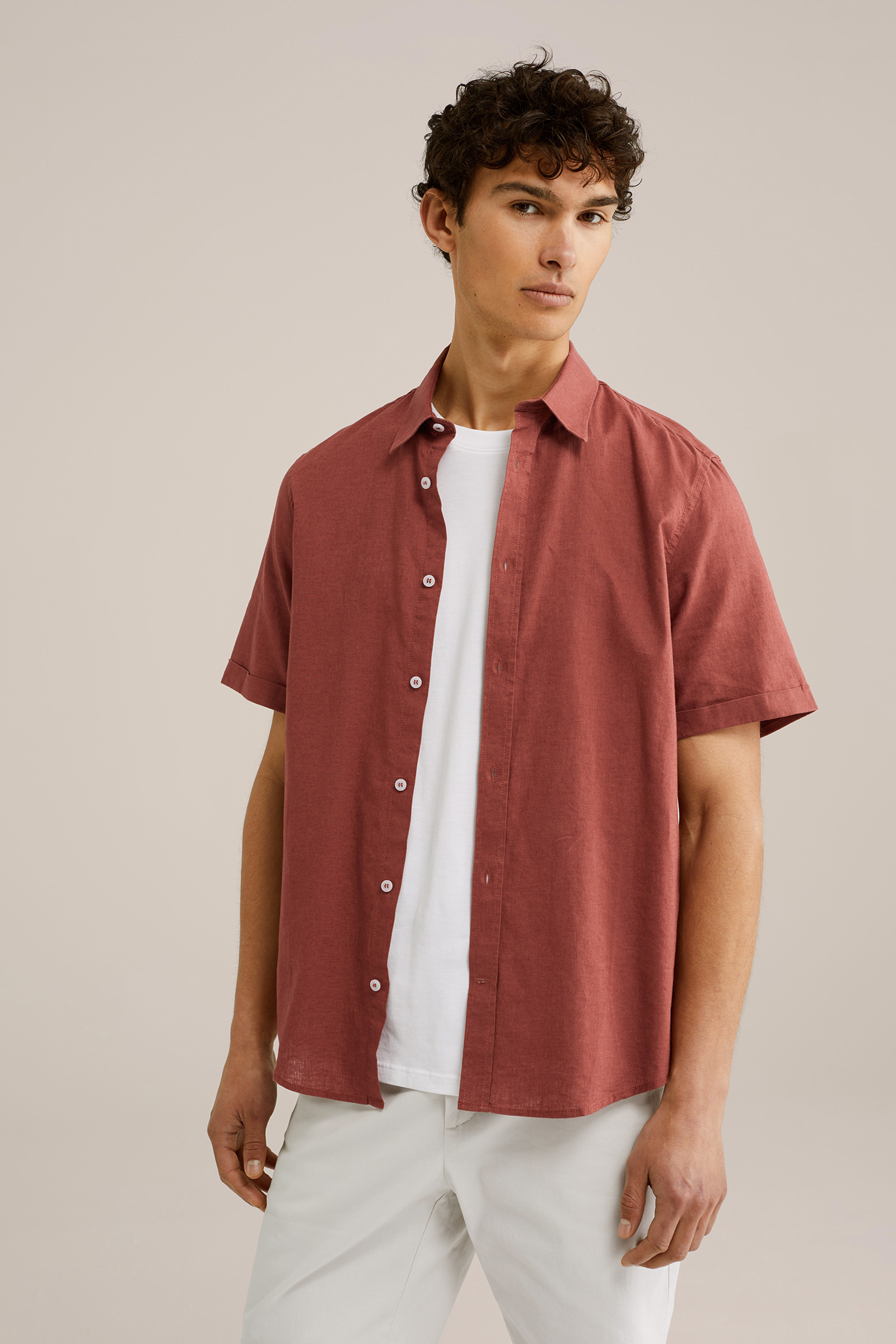 Heren regular fit overhemd van linnenmix