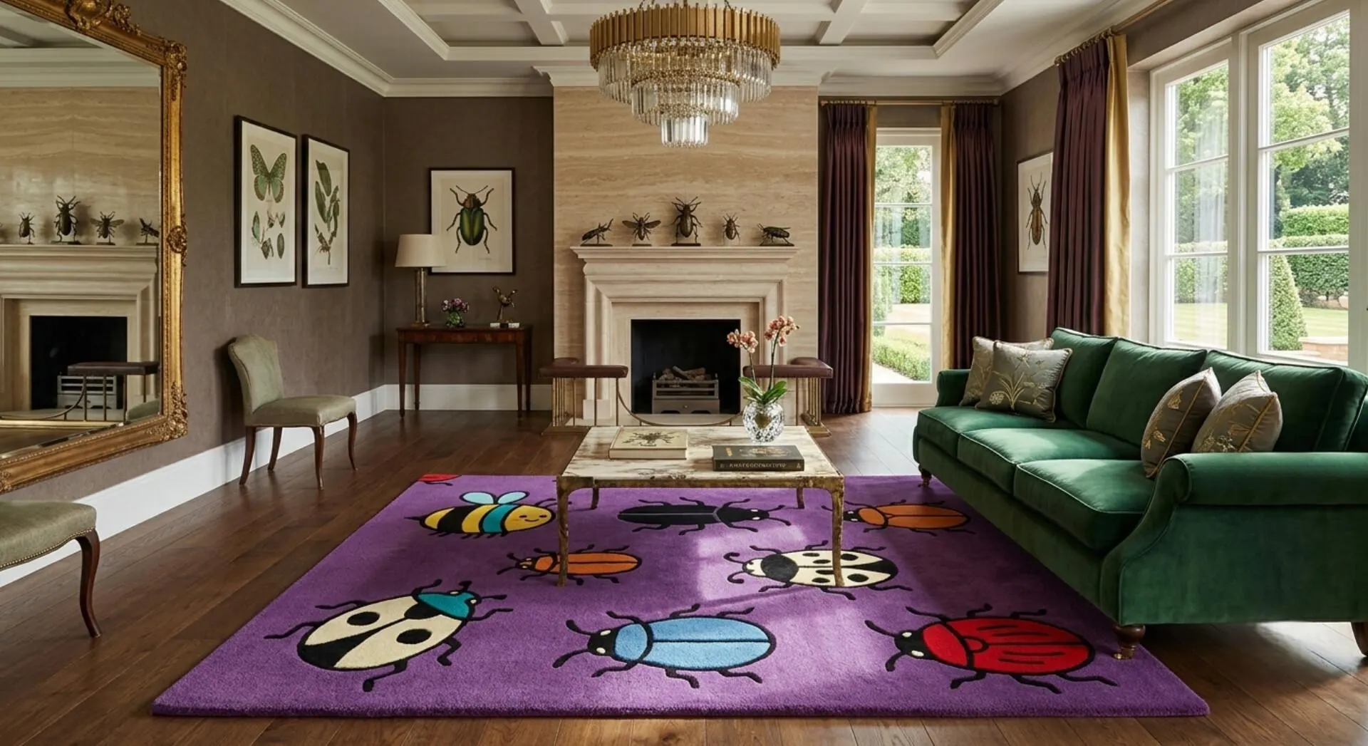 8x10 Hand Tufted Bug Rug, Purple Insect Area Rug, 100% Wool Carpet, Colorful Beetle Rug, Whimsical Modern Living Room & Kids Room Decor