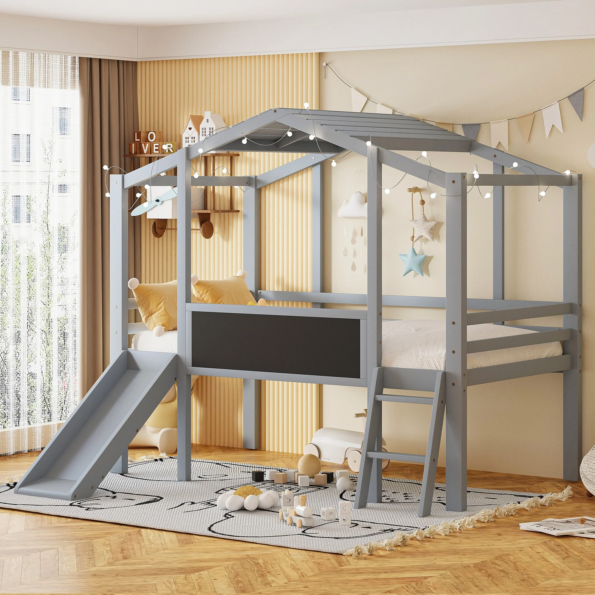 Twin Solid Wood Loft Bed with Slide & Blackboard