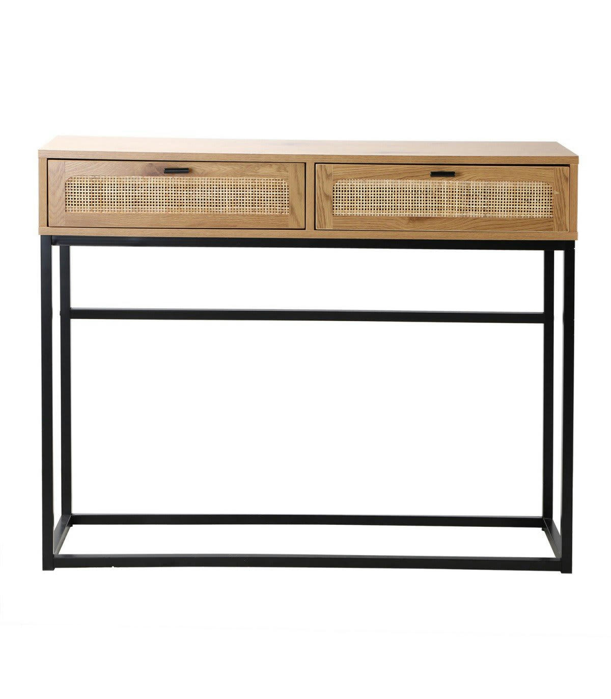 JAYA - Console 2 Tiroirs Aspect Chêne avec Cannage Rotin - L100cm