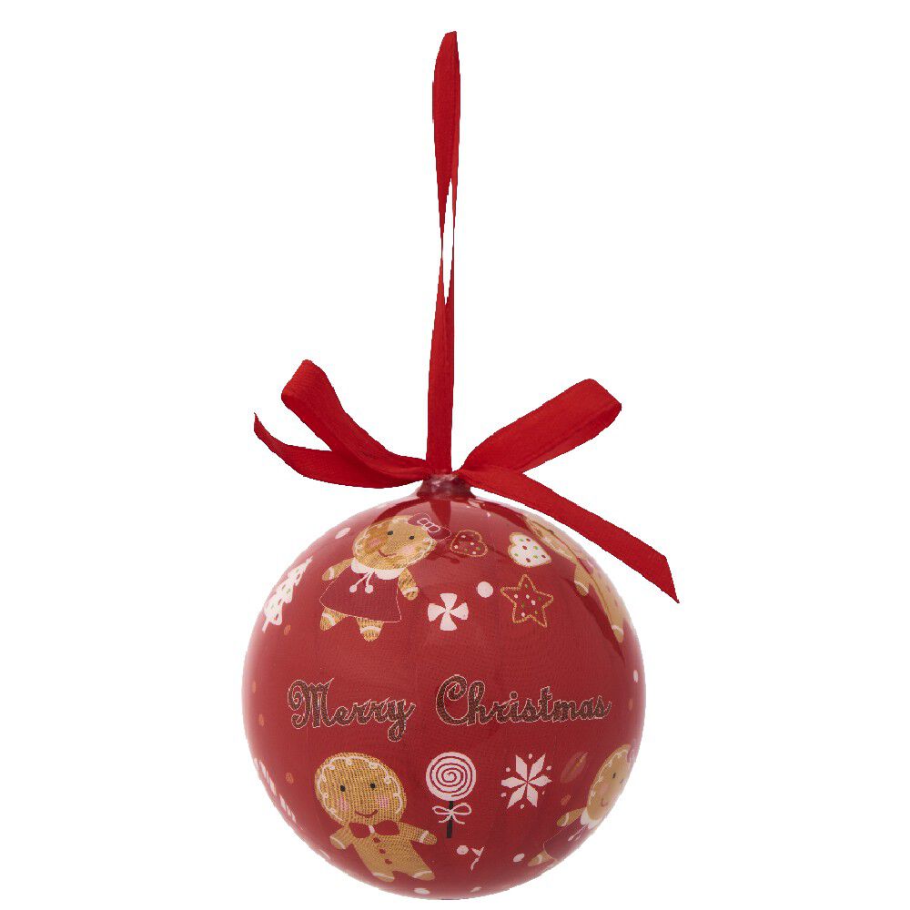 Boule de No&euml;l rouge motif pain d épices