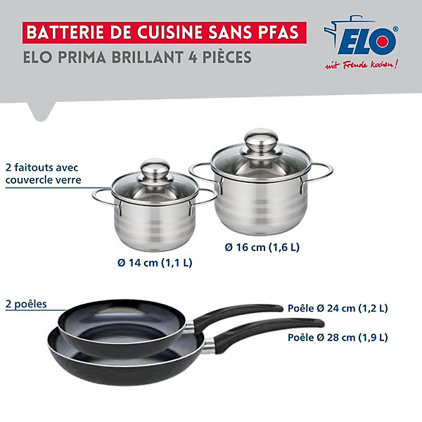 Ensemble de 2 Poêles de cuisson 24 et 28 cm et 2 faitouts 14 et 16 cm Elo Prima Brillant