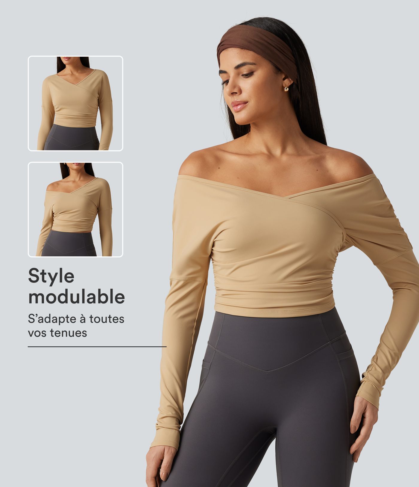 Haut de yoga SoftlyZero™ Airy effet frais InstantCool à encolure en V, manches longues, fronces et design croisé