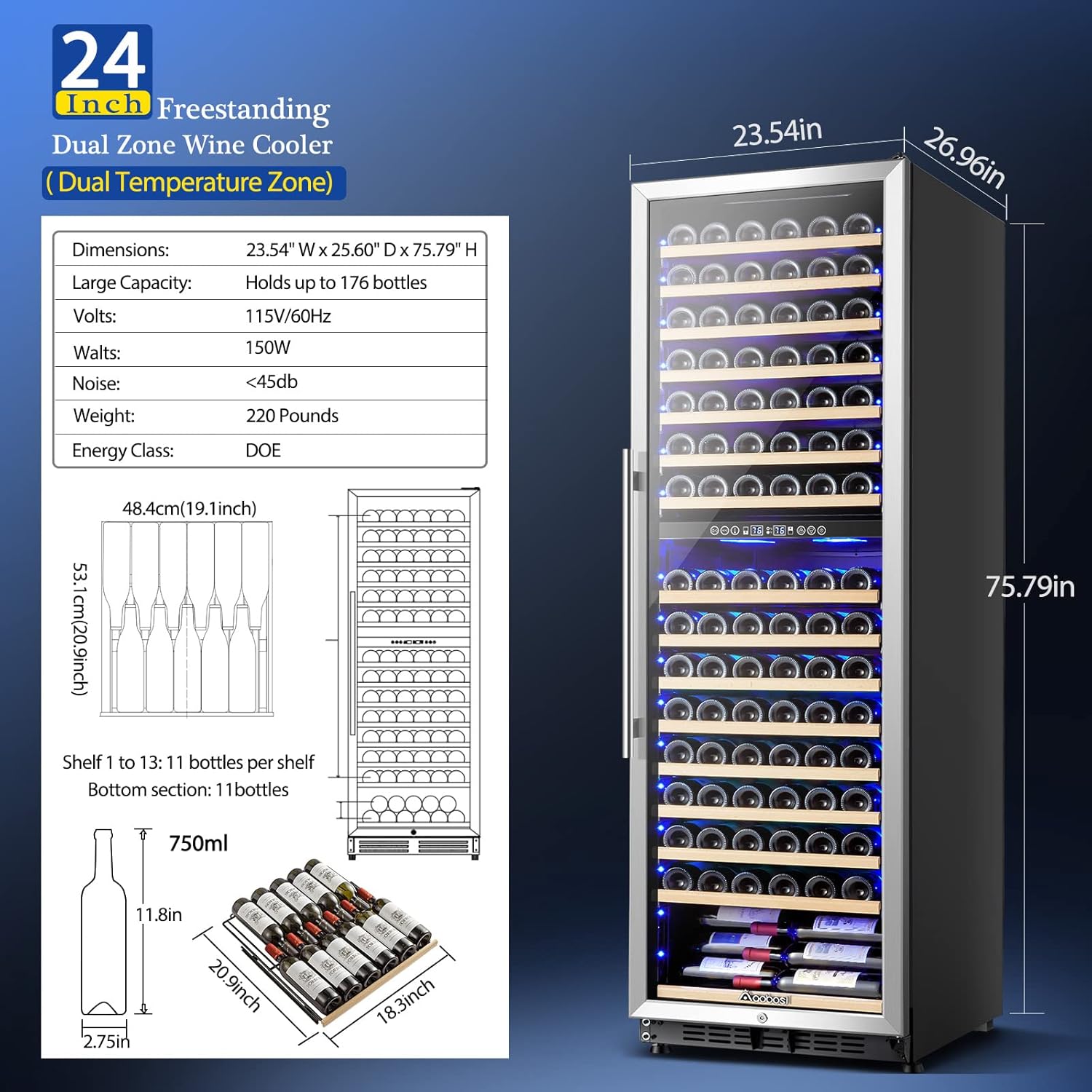 AAOBOSI Wine Cooler Refridgerator 24 Inch, 176 Bottles Dual Zone Wine Fridge with Double-Layer Tempered Glass Door and Temperature Memory Fuction,Built-in or Freestanding.